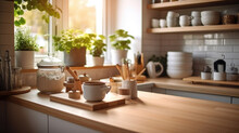 Kitchen Wooden Table Top With Breakfast At Morning Time. Scandinavian Style Vintage Kitchen Interior. Created With Generative AI
