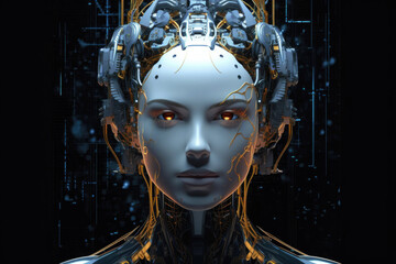 Wall Mural - female android face on dark background. artificial intelligence concept. futuristic robot head with 