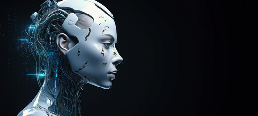 female android face on dark background. artificial intelligence concept. futuristic robot head with 