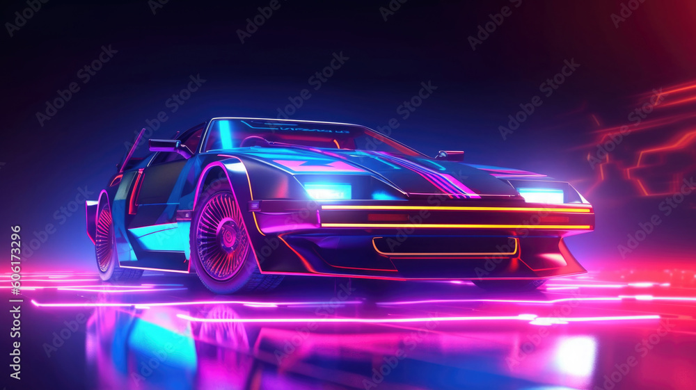 Ilustração Futuristic sport car with retro design at night city street ...