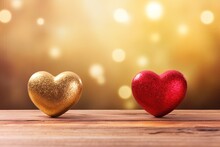 Two Hearts Standing On Wood Surface, Golden Bokeh Defocused Glitter Background. Red And Gold Shiny Colors. Generative AI.