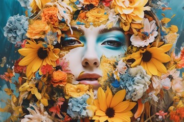 Wall Mural - abstract contemporary art collage portrait of young woman with flowers on face hides her eyes. gener