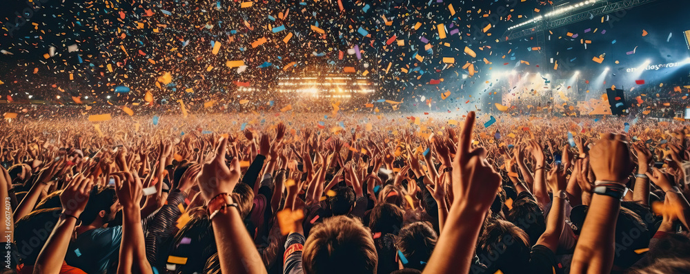 A crowd of people at a concert with confetti in the air created with ...