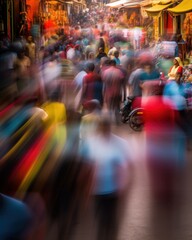 Canvas Print - A crowd of people walking down a street. Generative AI image.