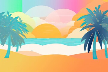 Wall Mural - A beach scene with palm trees and a sunset. Generative AI image.