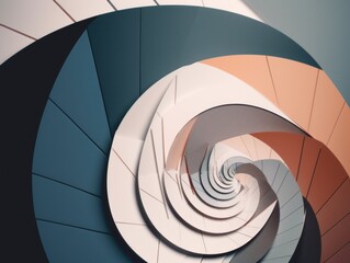 A spiral staircase in a building with a sky background. Generative AI image.