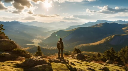 Climber stands on a mountain peak by Generative AI