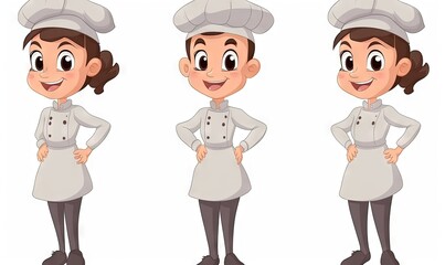 Poster -  a woman in a chef's outfit poses for different poses, including the front and back view of the character, the front and side view of the character, and the front view of the character.  generative ai