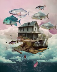 Poster - A house in the sky with fish flying around it. Generative AI image.