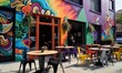  a colorful building with tables and chairs on the sidewalk in front of the building and a person walking by the door and a woman in the window.  generative ai