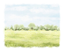 Watercolor Vintage Summer  Composition With Green Landscape With Trees And Grass With Vegetation Isolated On White Background. Hand Drawn Illustration Sketch
