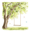 © Mimomy - Watercolor vintage summer  composition with green landscape with tree, rope swing and grass with vegetation isolated on white background. Hand drawn illustration sketch
