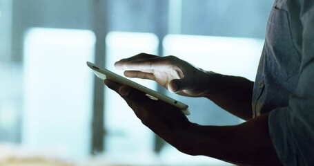 Aufkleber - Business, hands and man with a tablet, night or connection for typing, software update or network. Male person, employee or consultant with technology, working late or communication with website info
