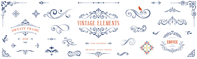 ornate vintage frames and scroll elements. classic calligraphy swirls, swashes, floral motifs. good 