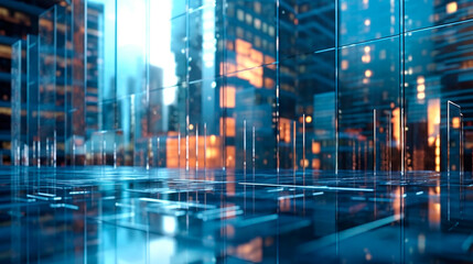 Background of future urban and corporate architecture. Real estate idea with bokeh, motion blur, and a reflection in a glass panel of a skyscraper facade. Generative AI