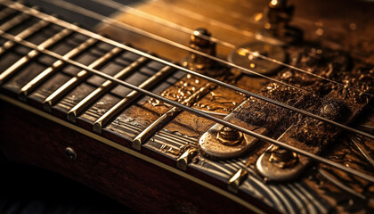 Sticker - Antique acoustic guitar on wooden table, playing classical generated by AI