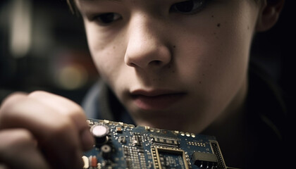 Poster - Caucasian engineer repairing computer chip with selective focus generated by AI