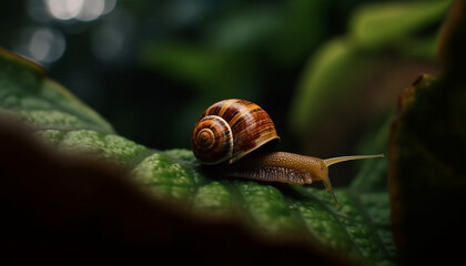 Canvas Print - Slimy snail crawling on green leaf outdoors generated by AI