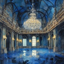There Is A Large Ballroom In Blue With A Chandelier, In The Style Of Realistic Watercolor Paintings Generative Ai