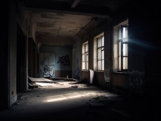 Poster - A dark room with a lot of graffiti on the walls. AI generative image.