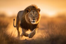 A Lion Running Across A Dry Grass Covered Field. AI Generative Image.