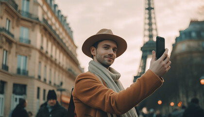 Sticker - Young man smiling, photographing city with phone generated by AI