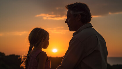 Wall Mural - Heterosexual couple embracing in tranquil sunset scene generated by AI