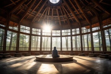 Wall Mural - A person meditating in a spacious and serene meditation hall or temple. Concept of togetherness and mindfulness. Generative AI