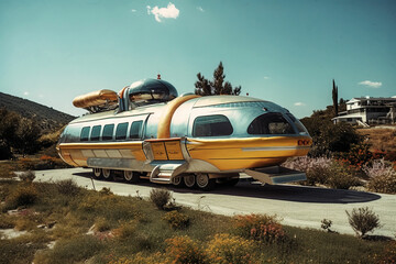 A vintage spaceship bus in the style of the 60s - generative AI