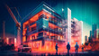 © Aram - illustration digital building construction engineering with double exposure graphic design. Building engineers, architect people, or construction workers working. Generative AI