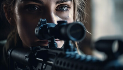 Wall Mural - One woman aiming rifle with determination outdoors generated by AI