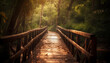 Tranquil footbridge crosses misty forest waterway generated by AI