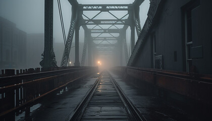 Poster - Steel bridge vanishing into the foggy night generated by AI