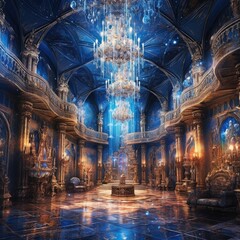 colorful room with chandeliers and blue interior Generative Ai