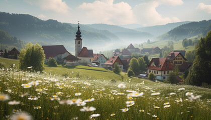 Poster - Idyllic chapel in Bavarian meadow, surrounded by mountains generated by AI