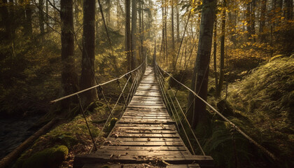 Sticker - Autumn footpath winds through tranquil forest landscape generated by AI