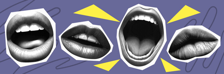 lips isolated mouth set collage elements for mixed media design with tongue teeth in halftone texture vintage dotted pop art style  retro grunge punk crazy templates