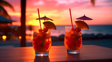 Summer cocktails on luxury tropical beach resort at sunset. Exotic summer drinks cocktails. Youth and summer vacation concept. Party, Vacations, summer holidays, summertime. Generative AI
