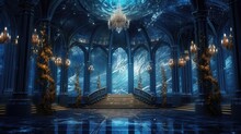 A Castle Inside An Art Museum With Pillars And Crystal Chandeliers, In The Style Of Nightcore Generative Ai