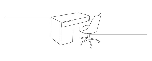Poster - One continuous line drawing of home office interior. Modern work desk and chair in simple linear style. Remote distant work concept in editable stroke. Doodle vector illustration