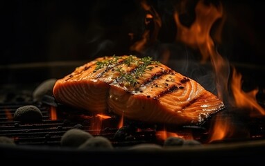 Wall Mural - Tasty roasted salmon steak cooking over the grill with flames Generative AI	