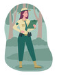 © Rudzhan - Ranger of reserve. Woman in uniform stands with notebook in forest. Yoiung girl on nature. Publice park security and safety. Guard officer concept. Cartoon flat vector illustration
