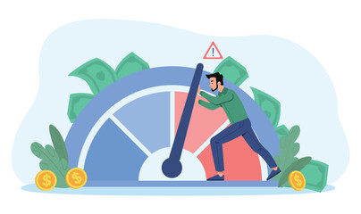 Man with risk meter. Young guy near scale with arrow. Bank client, risk assessment. Financial literacy and accounting. Investment and trading assesment. Cartoon flat vector illustration