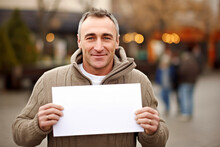 Medium Shot Portrait Photography Of A Satisfied Man In His 40s Holding An Empty White Blank Sign Poster Wearing A Cozy Sweater Against A Brewery Or Beer Garden Background