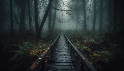 Poster - Walking through the spooky forest in autumn generated by AI