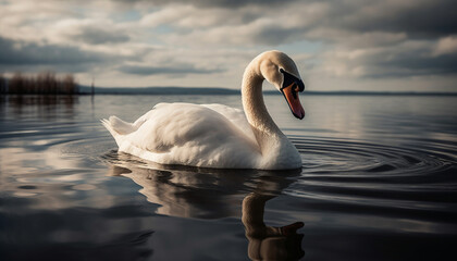 Poster - Mute swan glides on tranquil pond water generated by AI