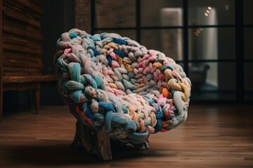 Wall Mural - A chair made out of yarn sitting on a wooden floor. AI generative image.