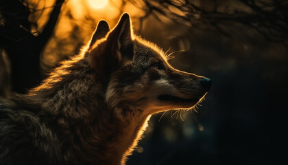 Sticker - Gray wolf howling in autumn forest night generated by AI