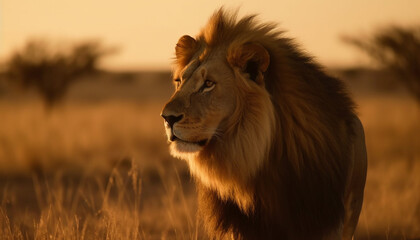 Canvas Print - Majestic lioness walking through African savannah at dusk generated by AI