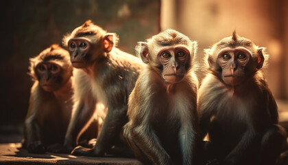 Sticker - Small cute macaque family sitting in forest generated by AI